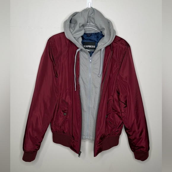 Express - Men’s Wine/Burgundy Bomber Jacket Coat Zip Up Gray Hood Small - Picture 2 of 8
